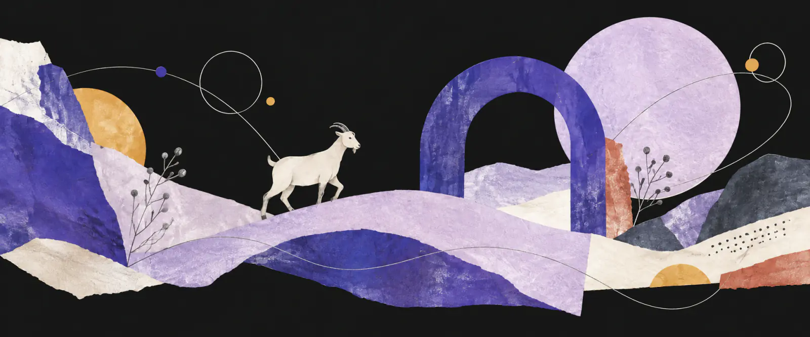 Colagem artística com uma pequena cabra entre recortes de papel, formas orgânicas e um arco violeta.